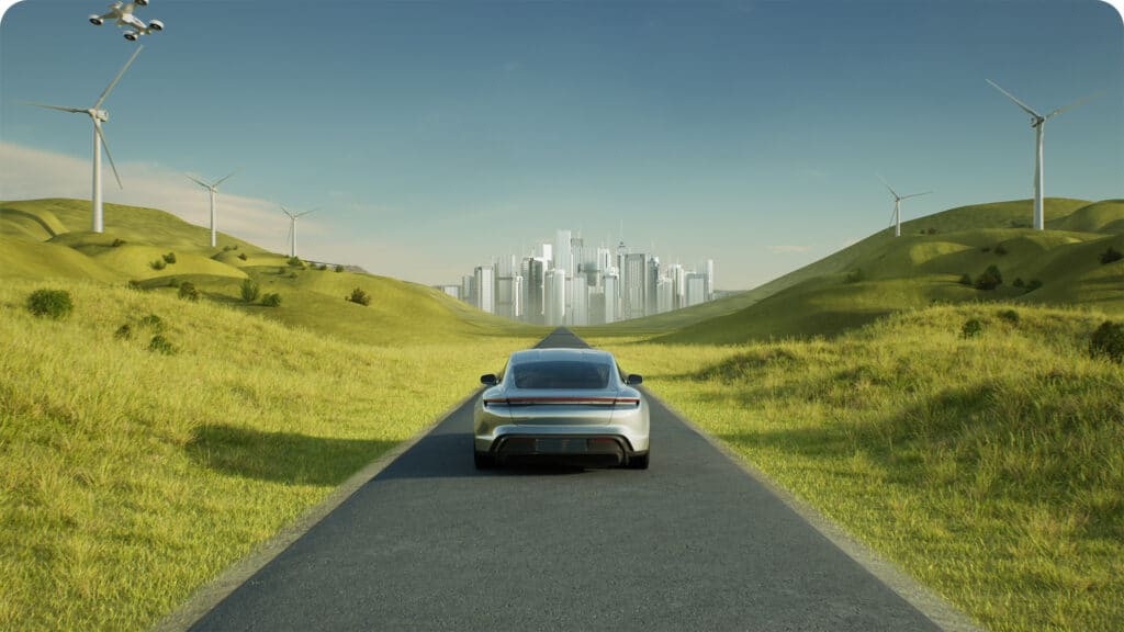 Image of car driving toward city