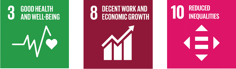 3 colored squares representing good health, decent work and economic growth, and reduced inequalities